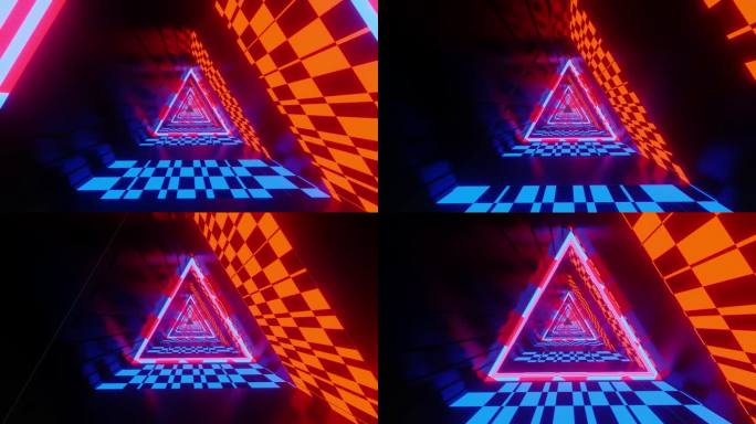 在彩色霓虹灯三角形隧道模式中运行的3d插图，用于壁纸