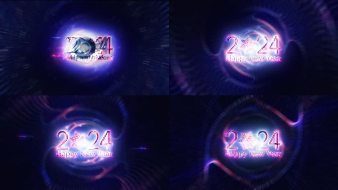 2024新年快乐粉红色辉光文字光运动效果电影标题预告动画与催眠隧道抽象背景。