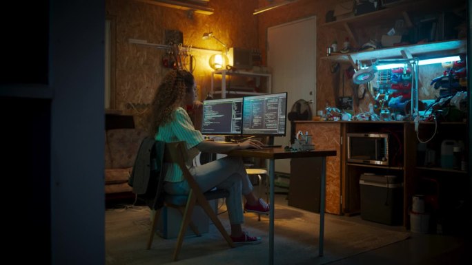 西班牙裔女程序员在自家车库的台式电脑上写代码。女性在夜间将创新软件作为服务创业公司。数字企业家创办公