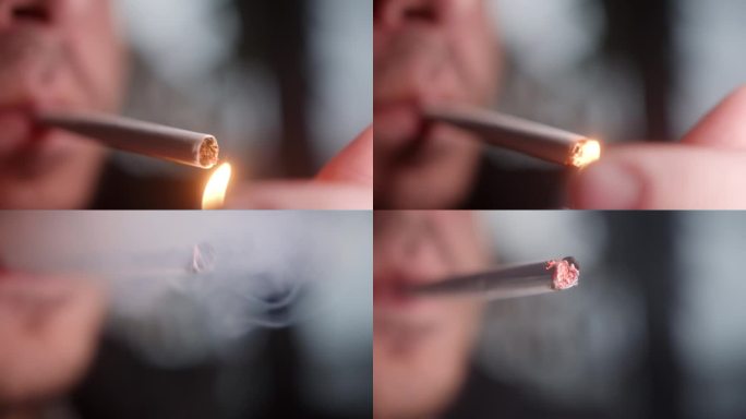 香烟点火的极端特写，有害，吸烟的危害