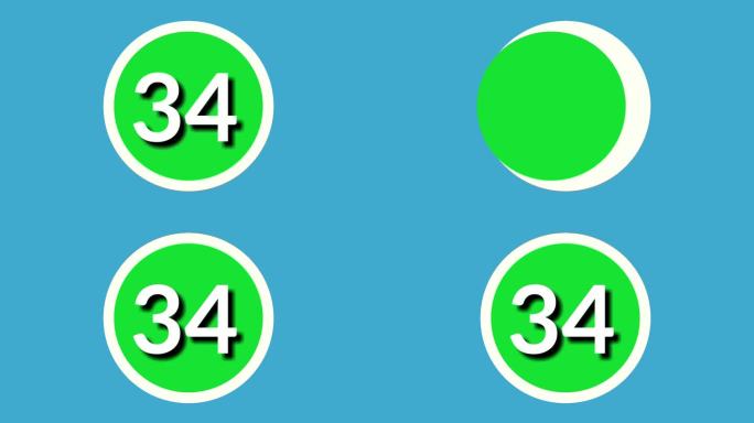 34号符号34号标志动画运动图形在蓝色背景绿色球体上，4k卡通视频号为视频元素