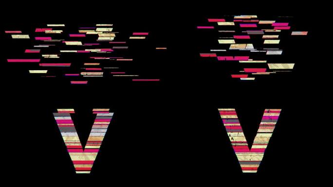 在4k动画透明背景上，V字母通过卡通小故障风格的碎片出现。