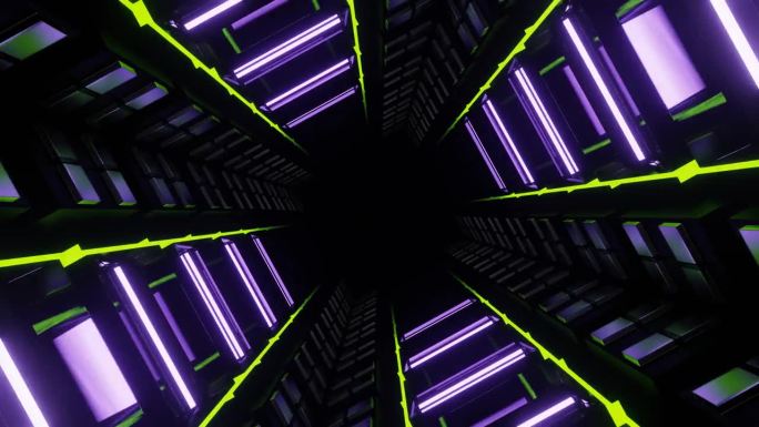 石灰和浅紫色霓虹灯辉光镜像方形隧道背景VJ环路在4K