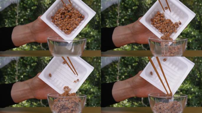 纳豆(发酵大豆)从包装转移到玻璃容器的4K慢动作视频