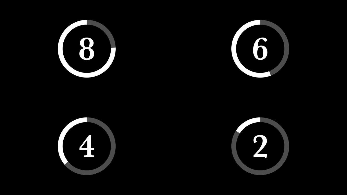 10秒复古和经典的白色倒计时定时器在黑色背景上的圆圈。