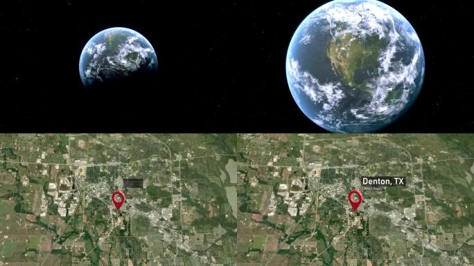 丹顿市地图从太空到地球，德克萨斯州，美国