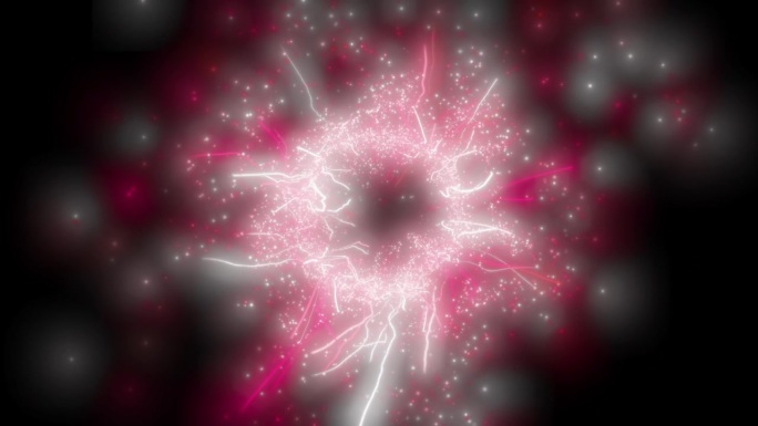 红色和白色的粒子从中心向外扩散，在抽象背景中呈漩涡状运动