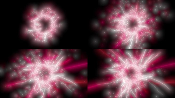 红色和白色的粒子从中心向外扩散，在抽象背景中呈漩涡状运动
