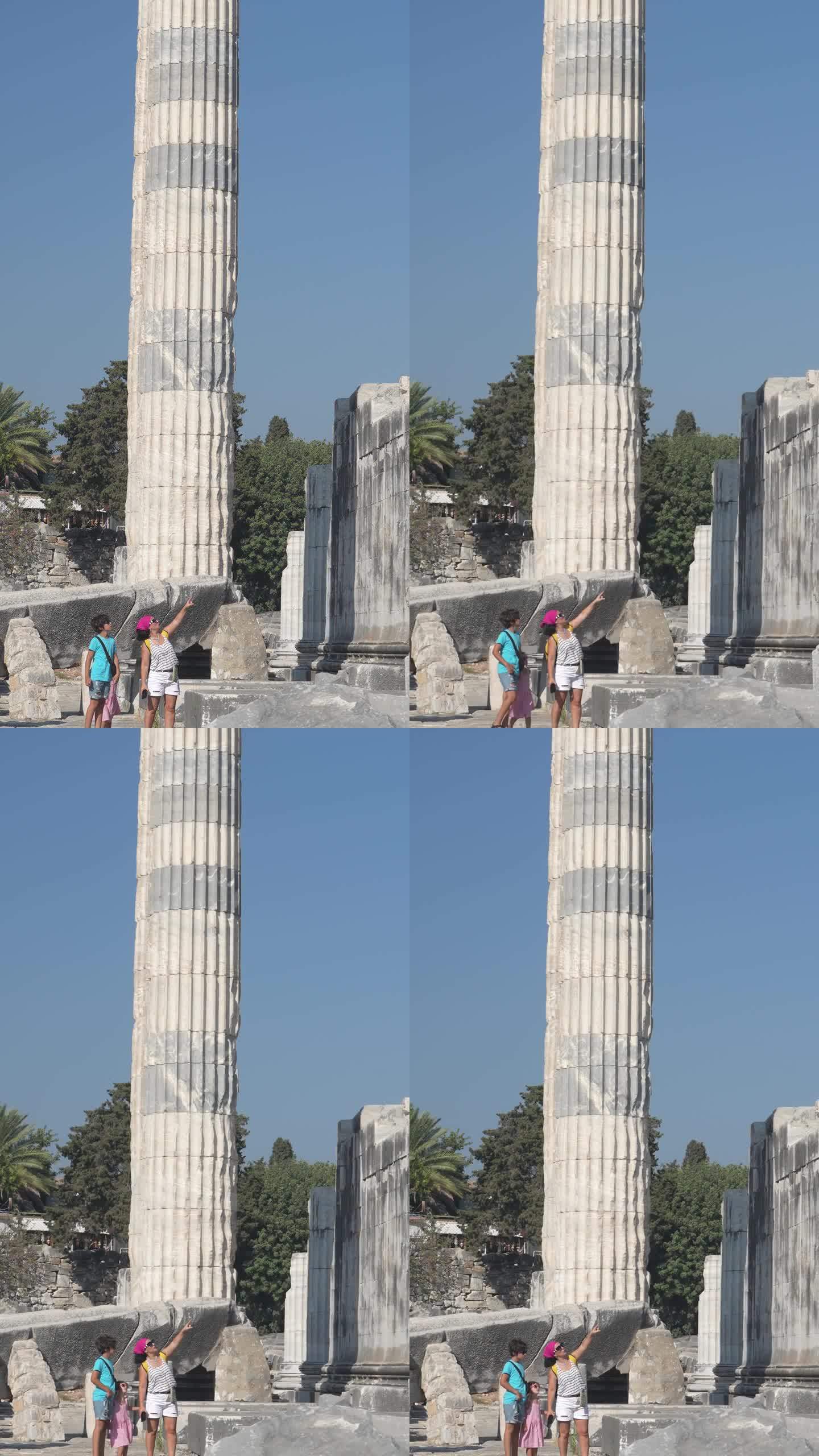 古希腊城市废墟中母亲、儿子和女儿的4K视频