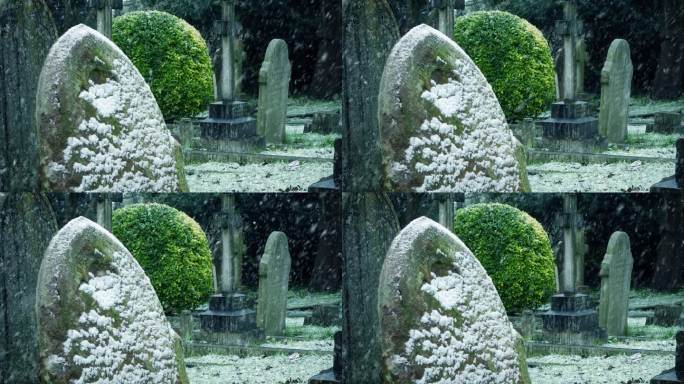 雪中的老墓碑藏冰寒冷被遗忘