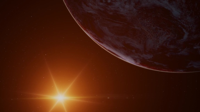 太空广角拍摄的红色贫瘠的类火星行星与炽热的恒星阳光