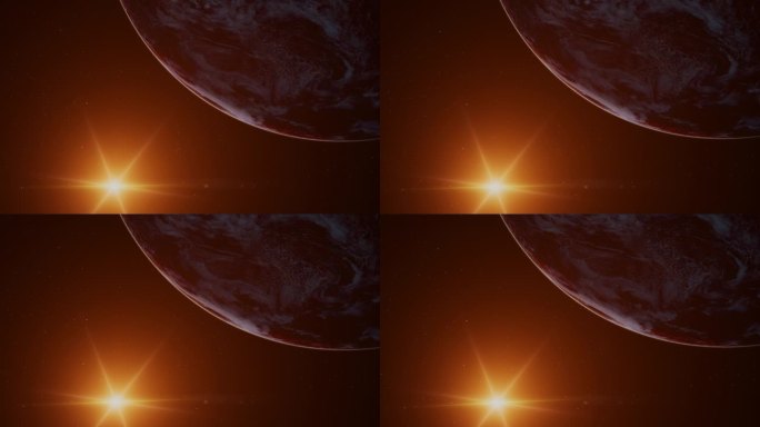 太空广角拍摄的红色贫瘠的类火星行星与炽热的恒星阳光