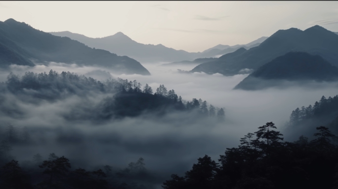 水墨山水山峦叠嶂云雾缭绕墨水丹青自然森林