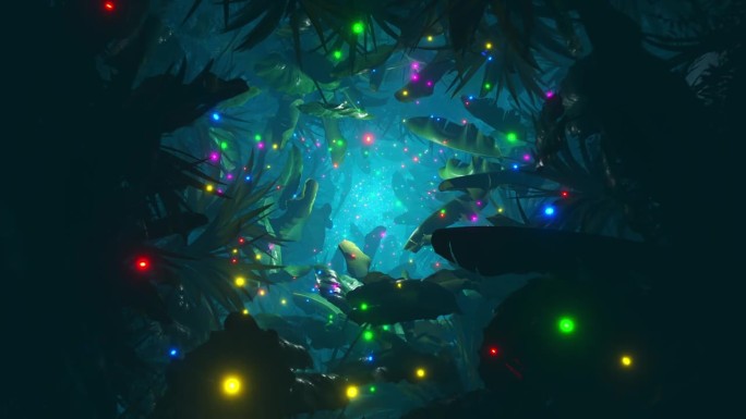 在黑暗的丛林中与许多五颜六色的萤火虫一起飞过树叶。无限循环动画