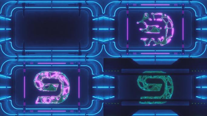 有机数字9 3D打印在霓虹灯浴-未来的科幻场景的一个符号揭示学习数字，数字和计数。