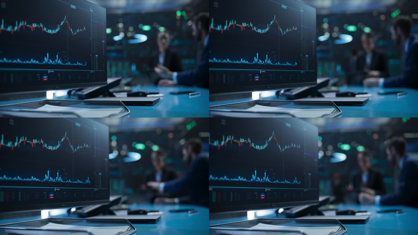 关闭与实时股票市场分析，图表和报告的计算机屏幕。证券交易所软件模板。经纪人在后台讨论金融和商业机会