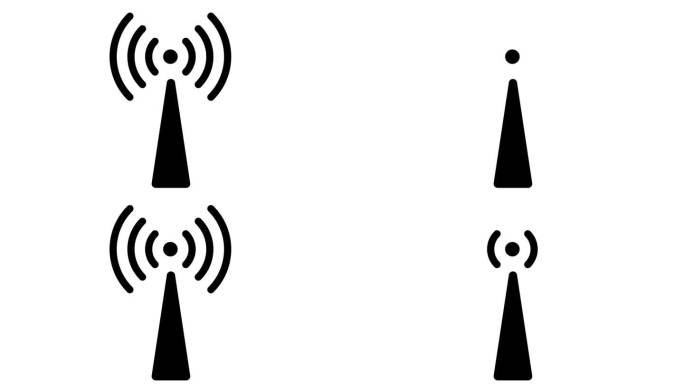 无线电塔动画图标在白色背景。电波信号下的无线电台通信符号动画