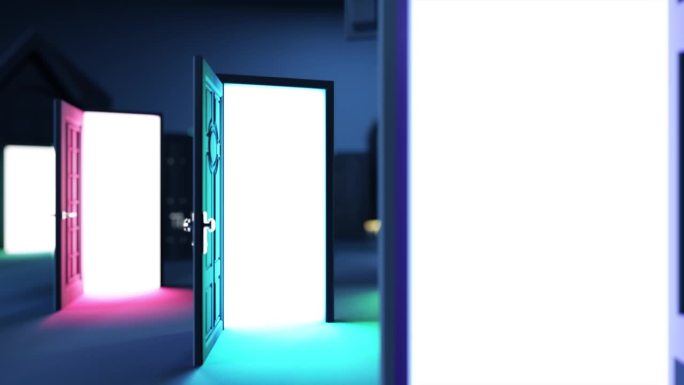 当门从黑暗中出现时，阴影和光线的动态相互作用。摄像机通往中央门的路径标志着一个关键的选择。