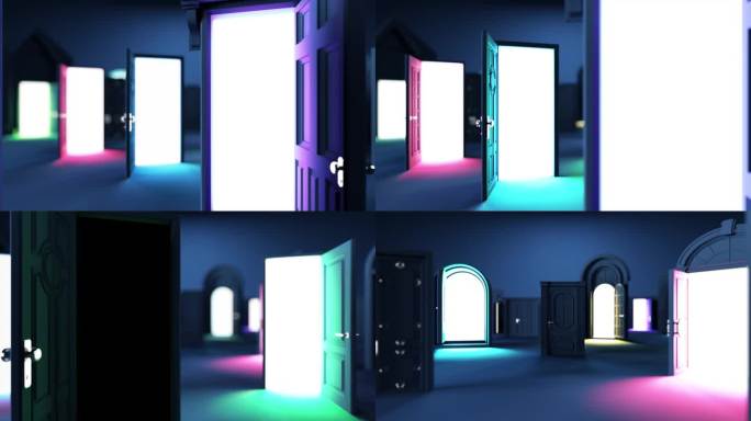 当门从黑暗中出现时，阴影和光线的动态相互作用。摄像机通往中央门的路径标志着一个关键的选择。