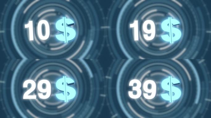 美元增长动画数字计数器，计数快与图标钱hud技术蓝色背景