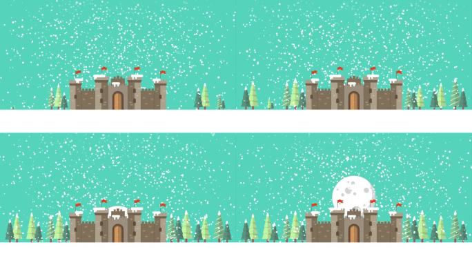 冬天的城堡绿色卡通背景视频素材雪景背景