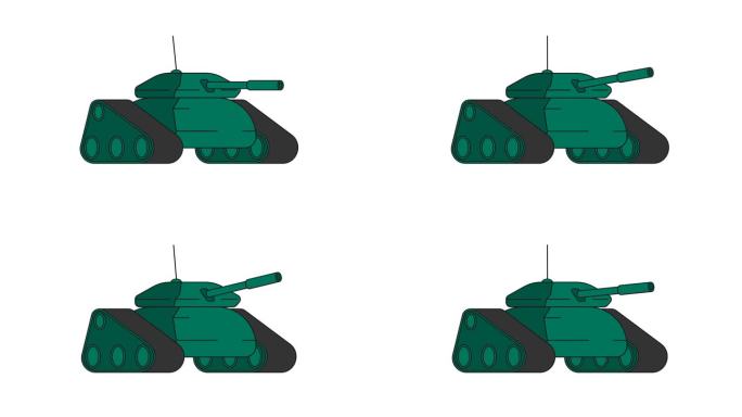 动画战斗部队履带坦克与迷彩和长枪管发射炮弹的敌人。重型自行火炮装备。卡通循环视频孤立在白色背景