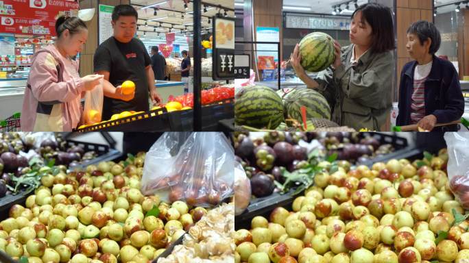 现代化大型超市水果专区挑选苹果龙眼西瓜枣