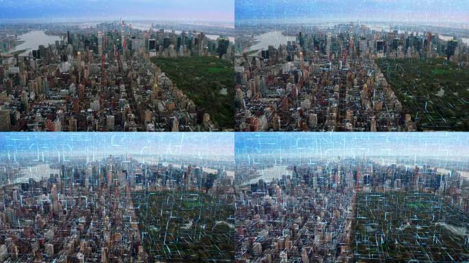 用电路板鸟瞰曼哈顿天际线。物联网。Technology-Futuristic。日落时曼哈顿中城的照片