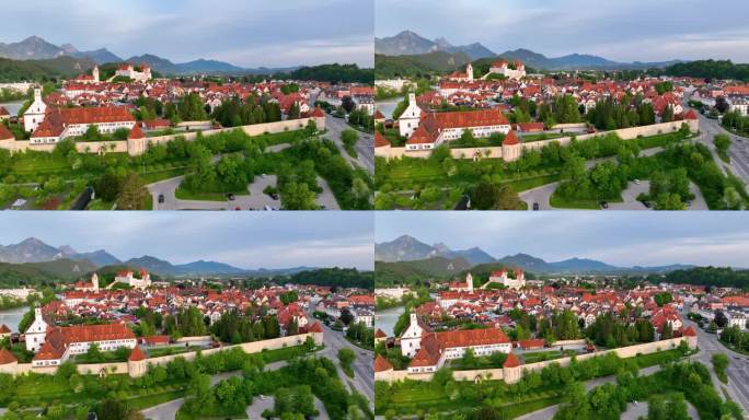 空中俯瞰中世纪小镇富森，河流，乡村和山区，德国