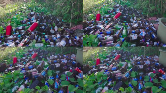 被遗弃在树林中的啤酒瓶和罐头
