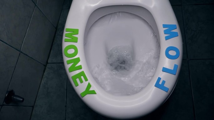 金钱流动的绿色字母文字在马桶盖的边缘。水流冲进排水管。投资和银行货币危机的概念。货币投资风险对银行危