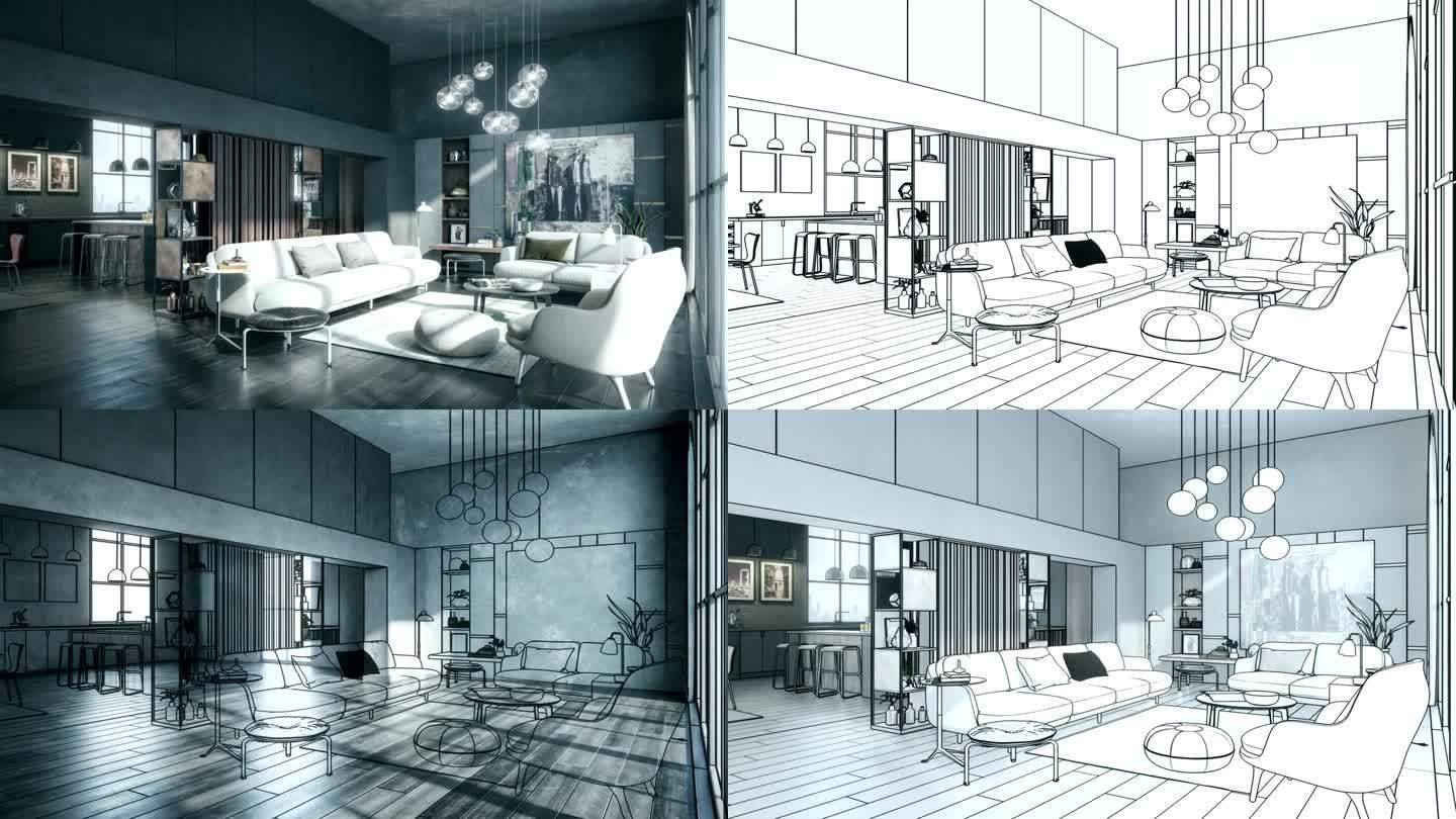 在现代风格的阁楼阁楼内布置-可循环的3D可视化