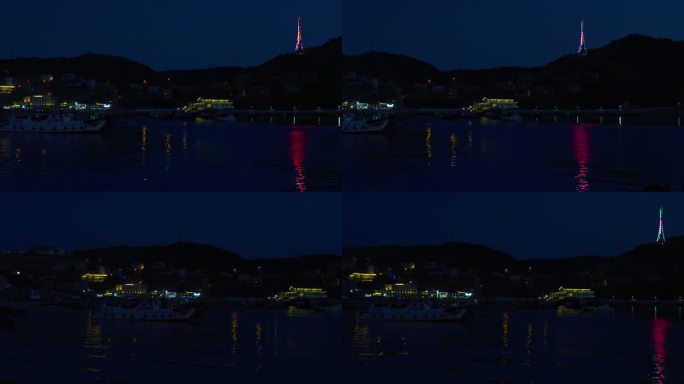 海港夜景邮轮渔船航行