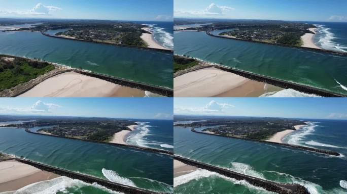 里士满河从南贝利纳海滩-南和北海堤在贝利纳，新南威尔士州，澳大利亚。——空中