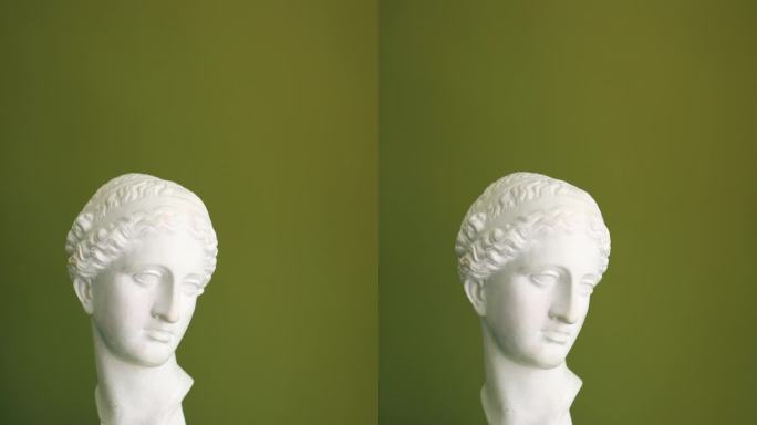 白色的维纳斯头像雕刻在绿色背景的绿色立方体上。垂直视频