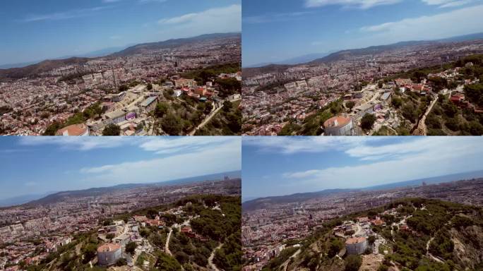 一架电影式的空中无人机拍摄了巴塞罗那的城市景观。