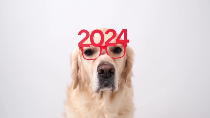 2024年是狗戴眼镜的新年。圣诞金毛猎犬坐在白色背景和红色眼镜。带宠物的新年贺卡。