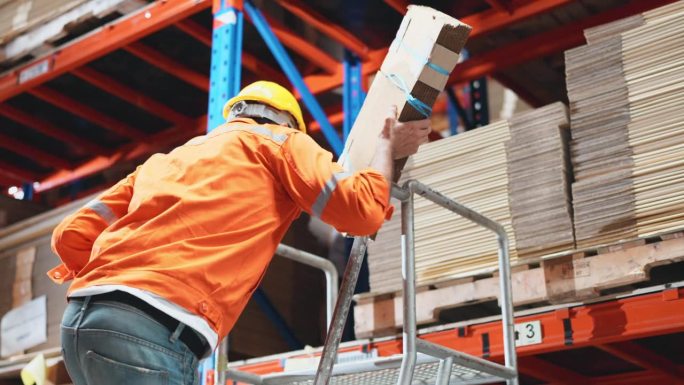 在现代化的仓库里，一名仓库工人爬上楼梯，小心地把一个纸板箱放在一个整齐的架子上。安全是第一位的，工人