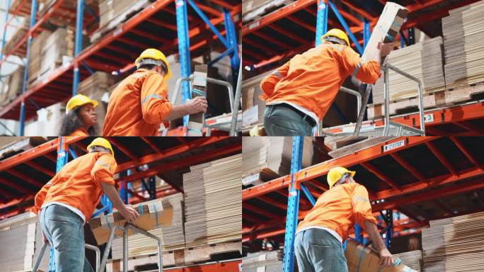在现代化的仓库里，一名仓库工人爬上楼梯，小心地把一个纸板箱放在一个整齐的架子上。安全是第一位的，工人