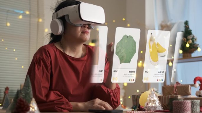 一名女子在节日期间使用虚拟现实眼镜网购圣诞礼物