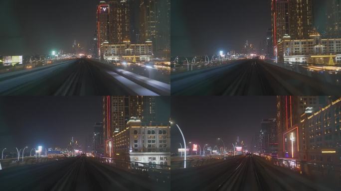 迪拜地铁夜景地铁城市穿梭铁轨列车第一视角
