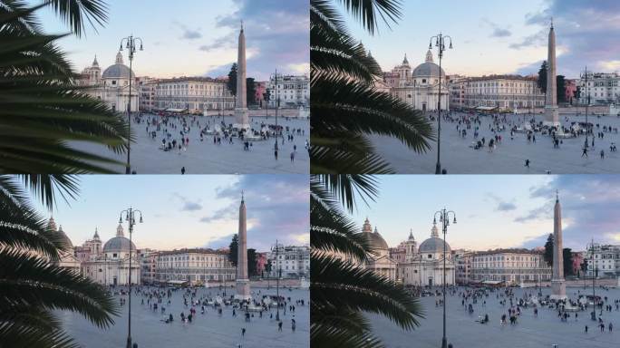 日落时分，意大利罗马人民广场上游客的电影画面