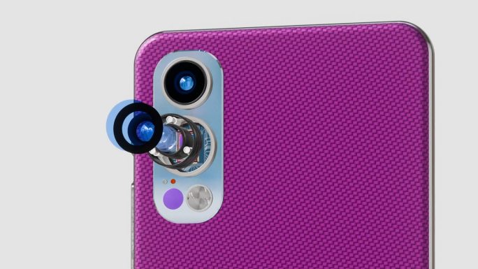 粉色智能手机与双摄像头-光学元件和传感器在爆炸视图，宏观视图，旋转，3D渲染