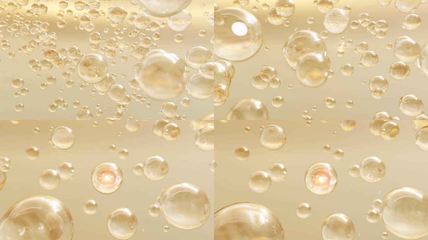微距镜头的各种黄金泡沫在水上升在浅色背景。