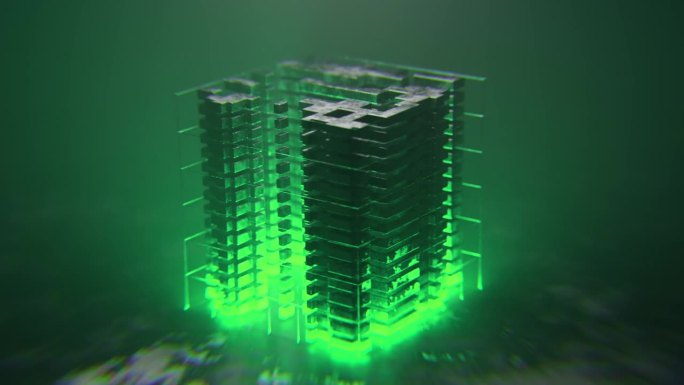绿色方块建筑在3D动画中变换