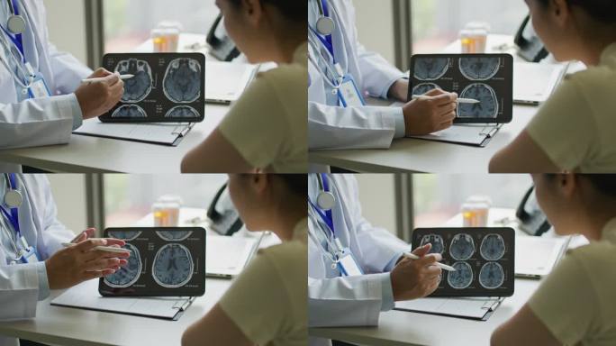 医生在诊所给病人看脑部x光片