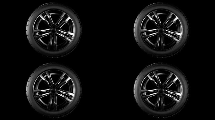 纺车车轮。黑色橡胶汽车轮胎。汽车服务理念，换车轮。循环动画