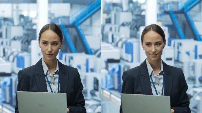 垂直屏幕:一个白人女工程师的肖像使用笔记本电脑和环顾工厂设施的机械臂生产现代电子元件的科技行业