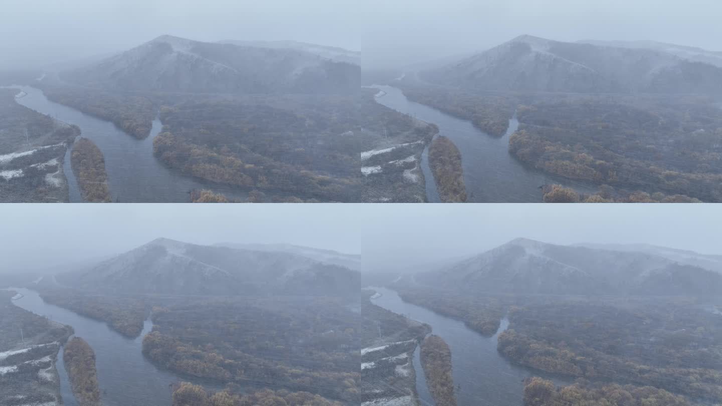 航拍秋季湿地河流风雪交加