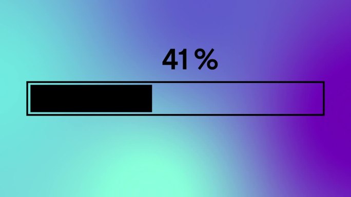 简单的黑色进度或加载器条动画。加载器条从零到百分之百渐变蓝色和紫色的背景发现。4K分辨率动画